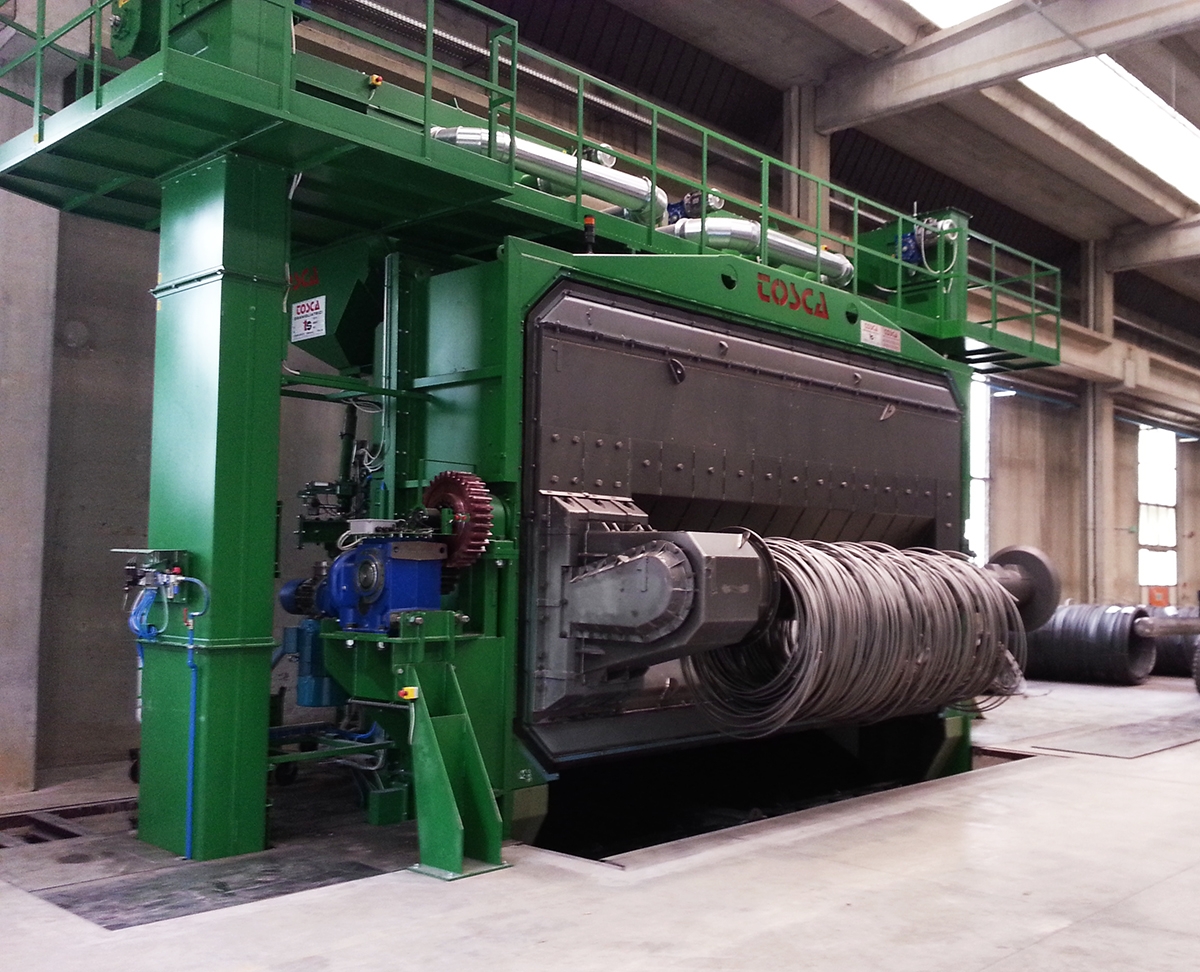 Grenailleuse industrielle TOSCA verte, pour fil en couronnes, avec bobine de fil visible