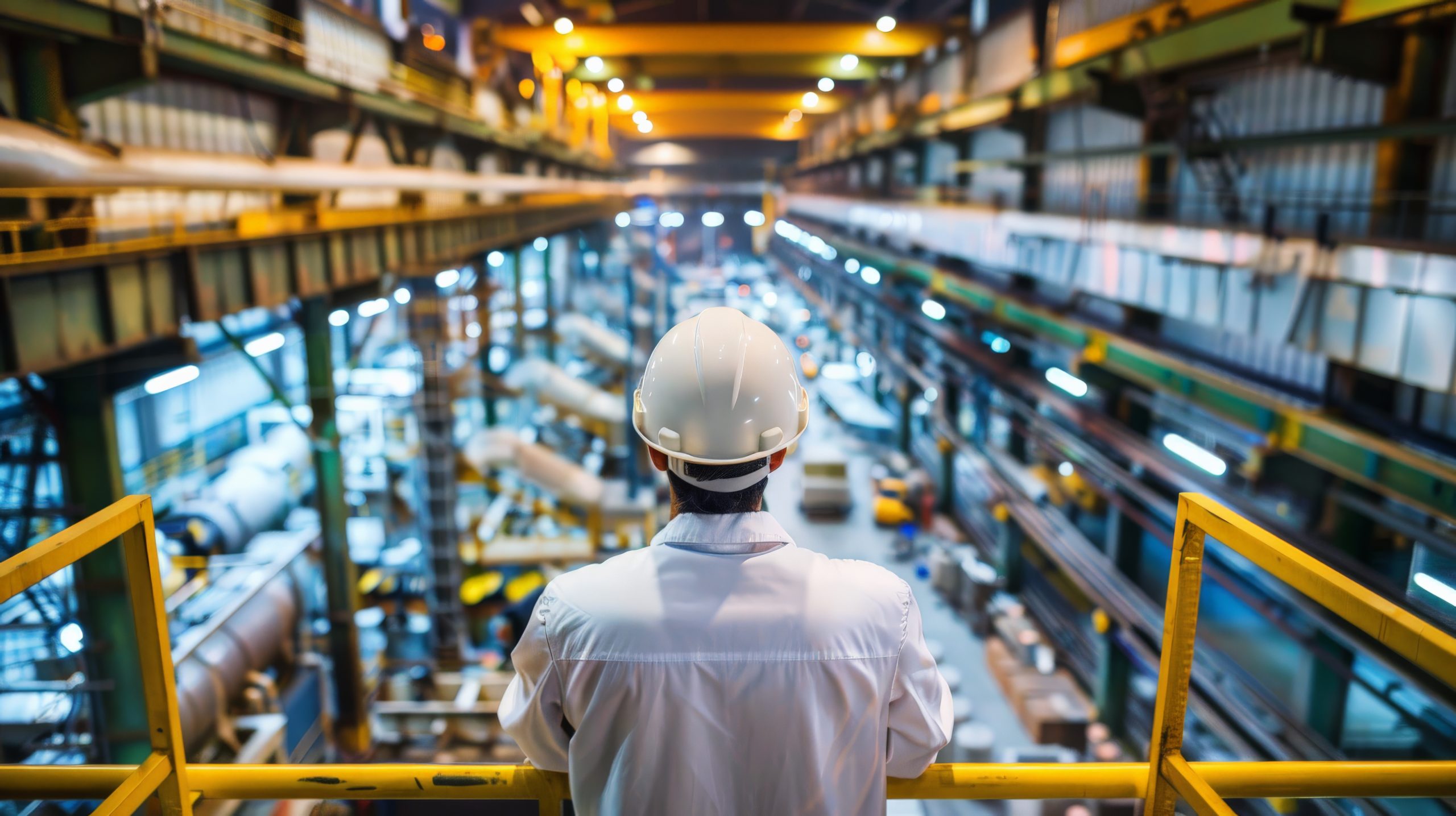 Ouvrier en casque de sécurité regardant une grande usine industrielle